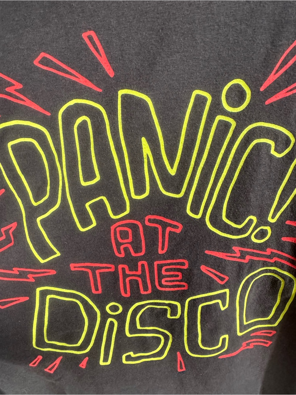 Panic! Graphic Tee with Neon Yellow & red Print. Cut bottom? See pictures